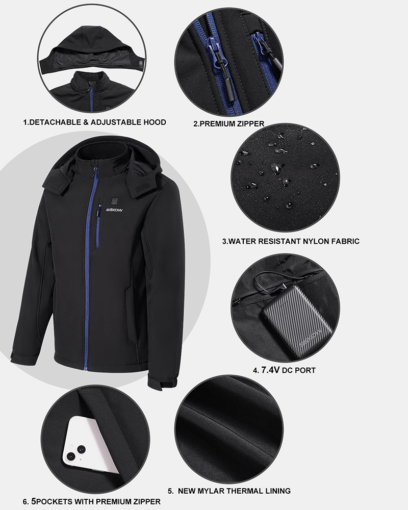 SGKOW Men's Classic Heated Jacket Battery Pack Polyester Black